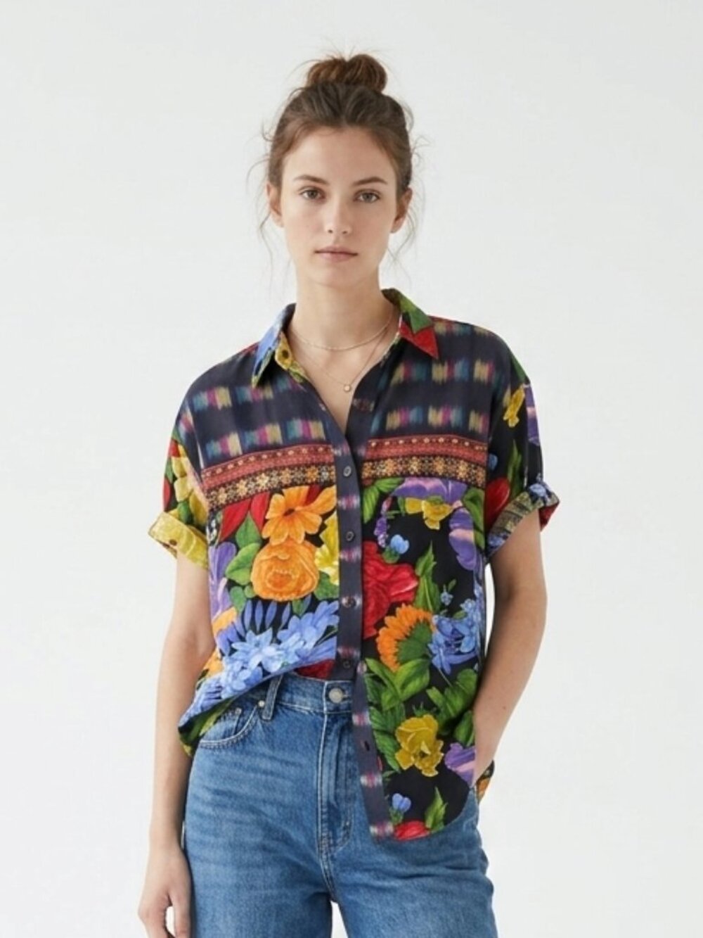 HGNY Top Button Up Oversized Floral Tropical Grunge Black Blue S